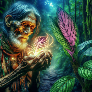 ai generated image of old man holding a plant with magical powers in his hands